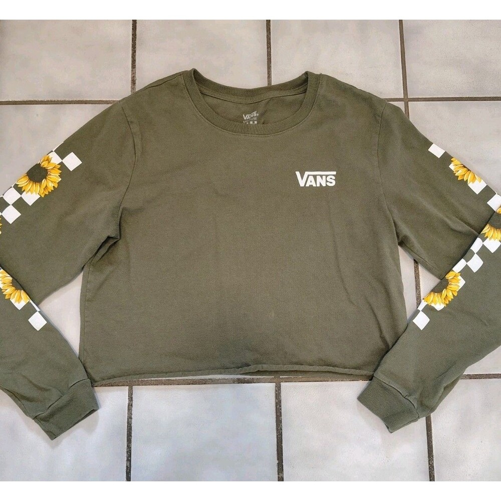 Vans Off The Wall Women's Army Green Sunflower Long Sleeve Cropped Top Sz Medium